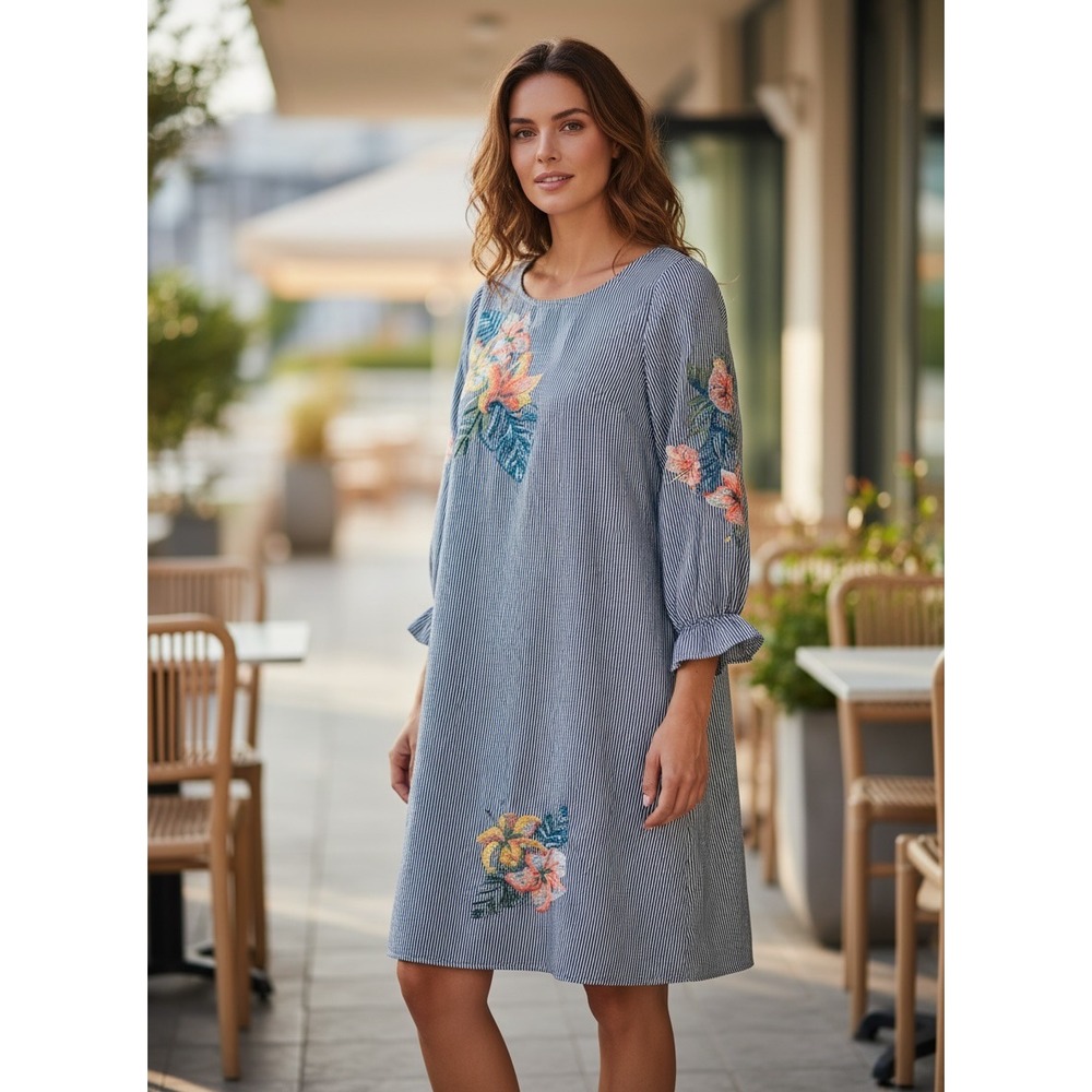 Philosophy Republic Clothing Floral Embroidered Striped Shift Dress Blue White L